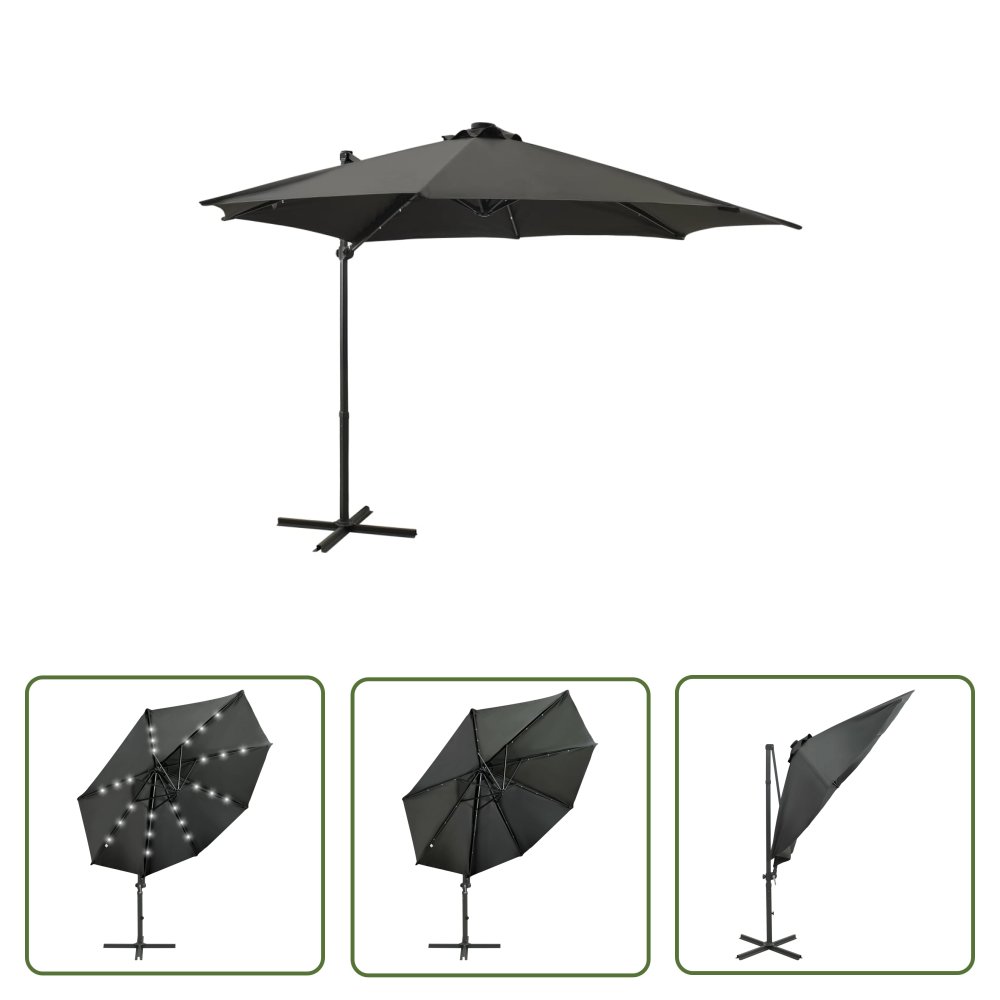 The Living Store Parasol wiszący z lampkami LED i słupkiem - antracytowy - 300 cm - Parasol Wiszący