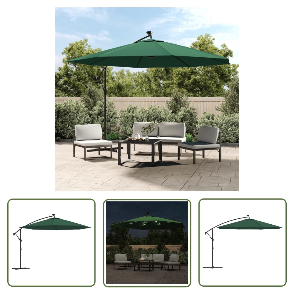 The Living Store Parasol wiszący z LED i metalowym słupkiem - 350 cm - zielony - Parasol Wiszący