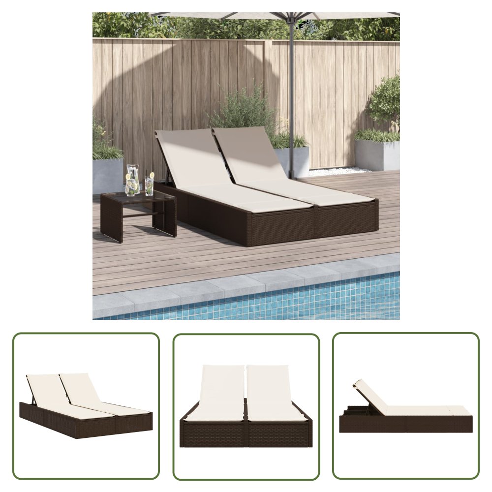 The Living Store Podwójna leżanka z poduszkami - brązowa - polirattan - Leżak