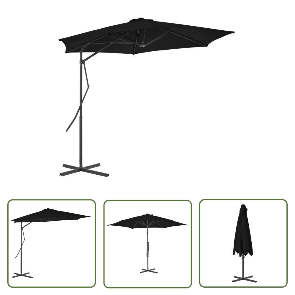 The Living Store Parasol ogrodowy na stalowym słupku - czarny - 300x230 cm - Parasol Ogrodowy