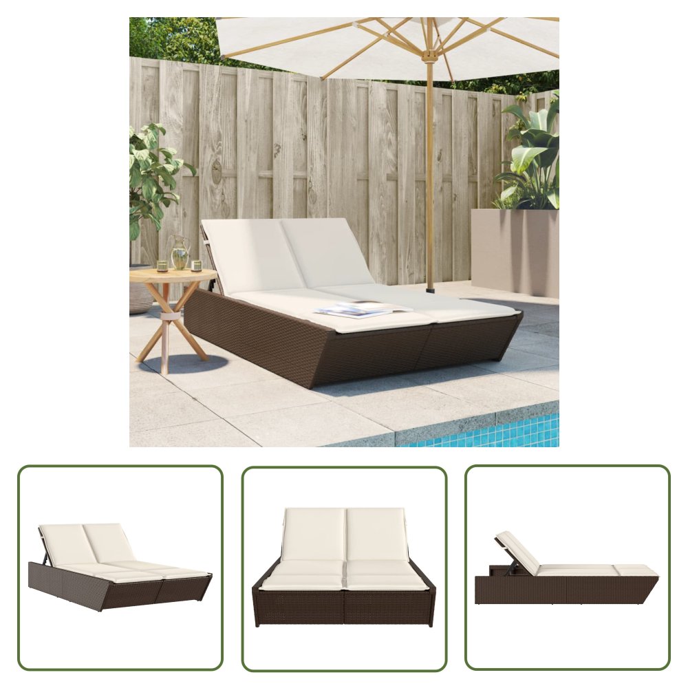 The Living Store Podwójna leżanka z poduszkami - brązowa - polirattan - Leżak