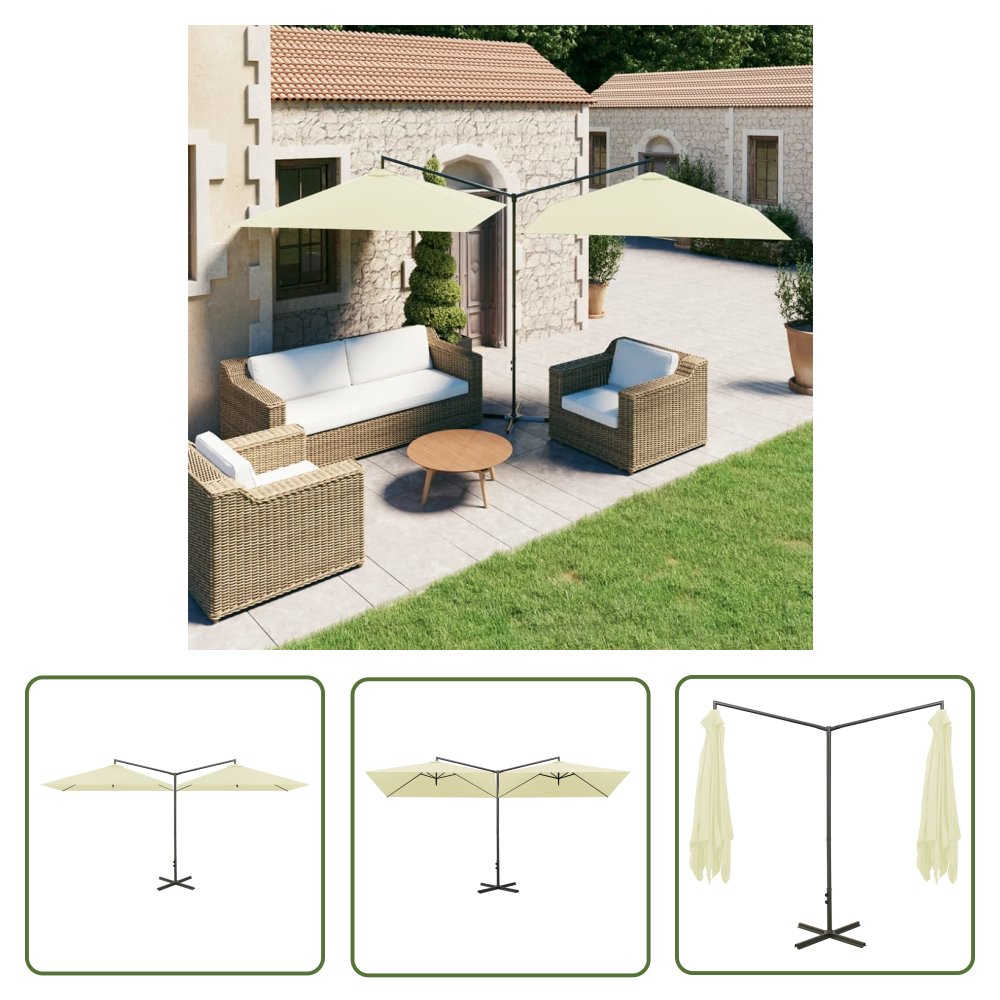 The Living Store Podwójny parasol ogrodowy - stalowy słupek - piaskowy - 600x300 cm - Parasol Ogrodowy