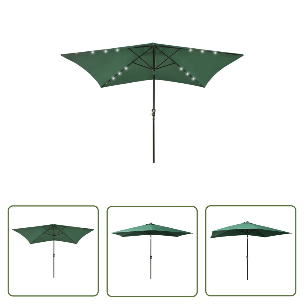 The Living Store Parasol ogrodowy z LED i stalowym słupkiem - zielony - 2x3 m - Parasol Ogrodowy