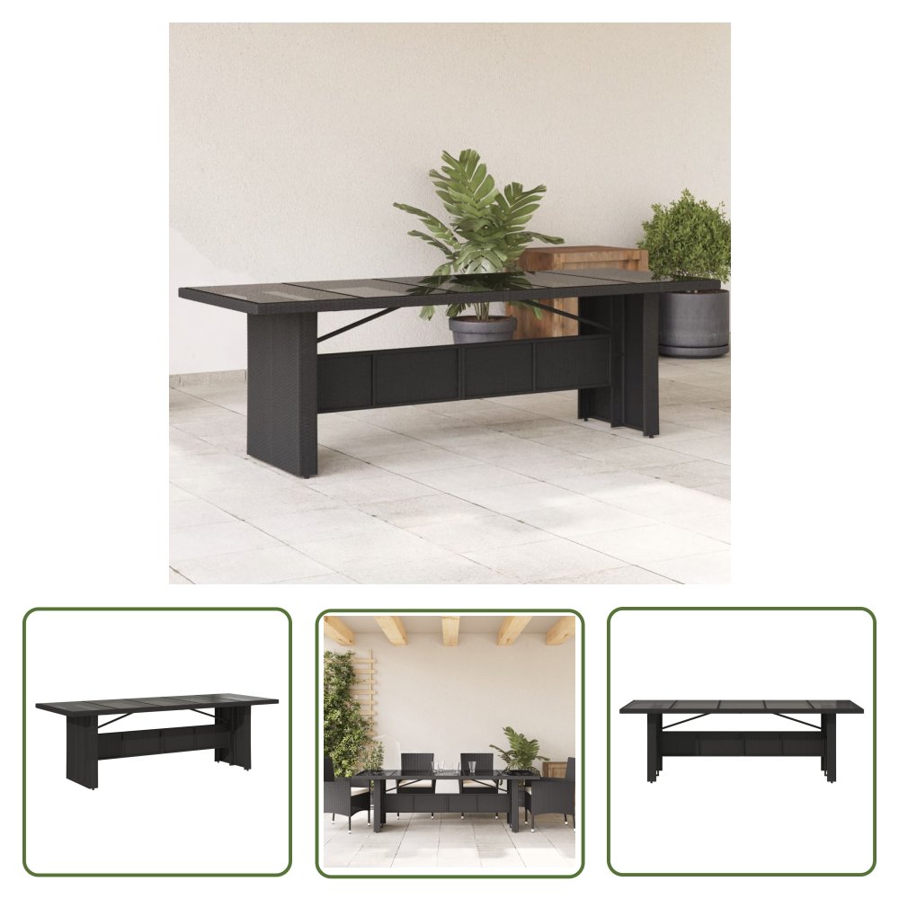 The Living Store Stół ogrodowy ze szklanym blatem - czarny - 240x90x75cm rattan PE - Stół Ogrodowy