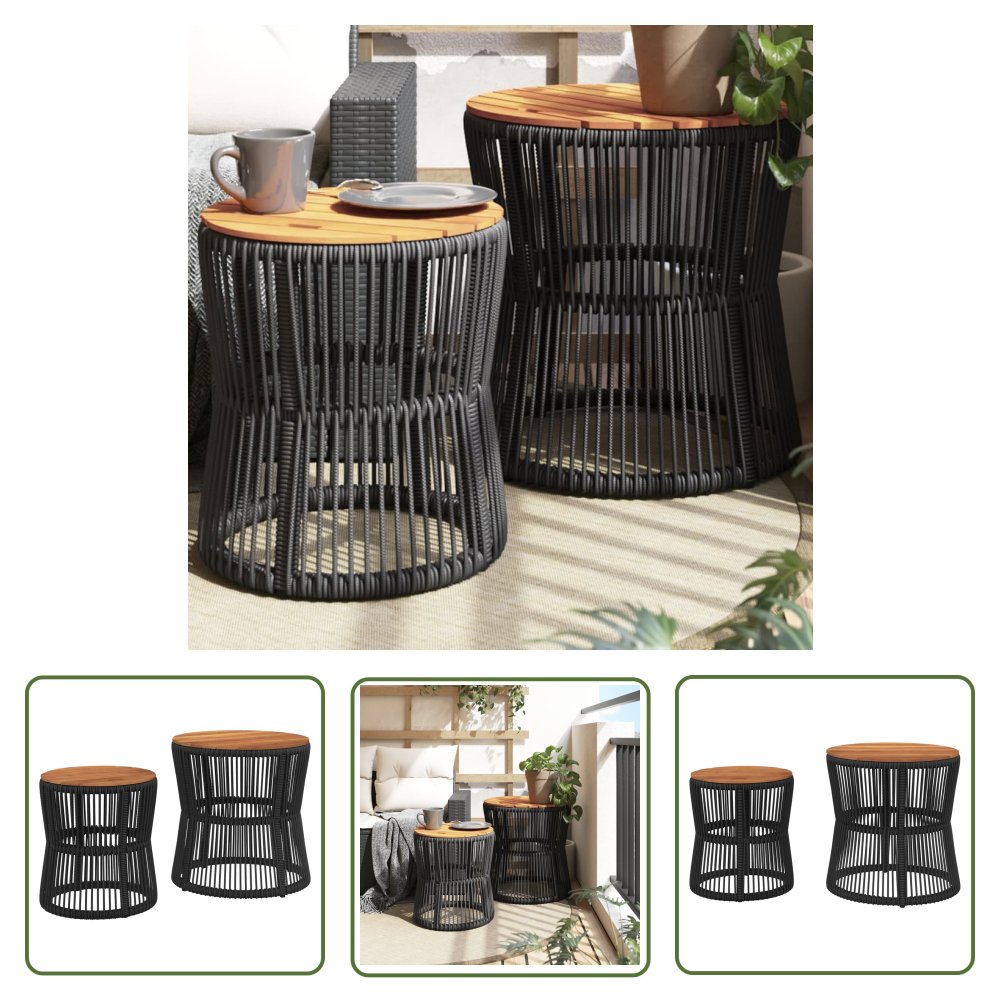 The Living Store Stoliki ogrodowe - 2 szt. - drewniane blaty - czarne - polirattan - Stolik Ogrodowy