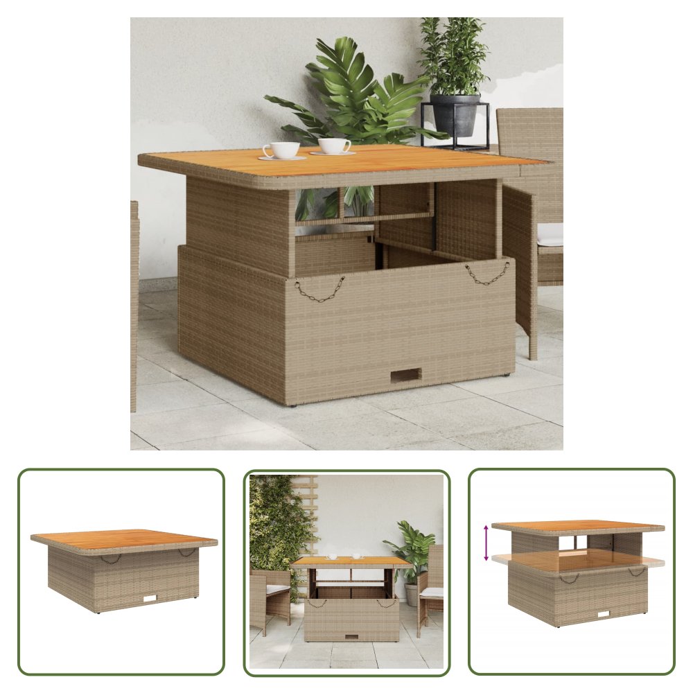 The Living Store Stół ogrodowy - beżowy - 110x110x71 cm - polirattan i akacja - Stół Ogrodowy
