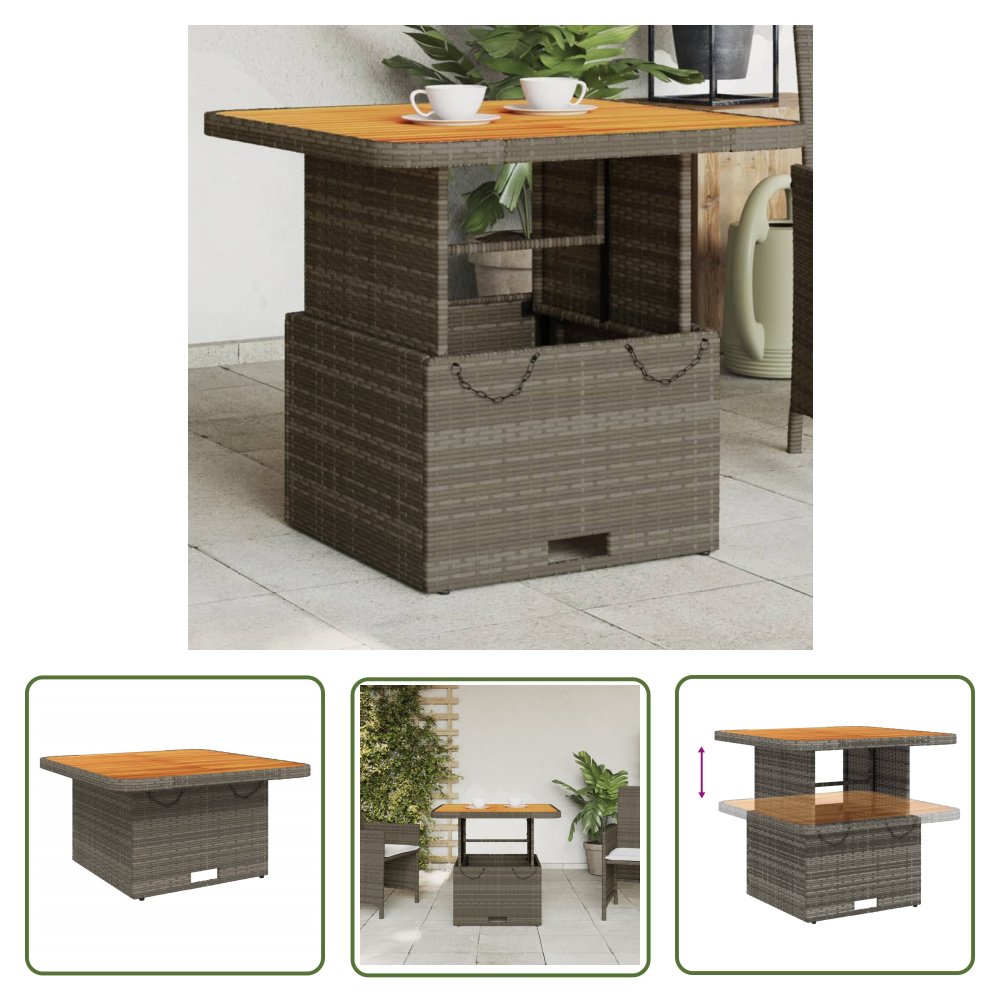 The Living Store Stół ogrodowy - szary - 80x80x71 cm - polirattan i drewno akacjowe - Stół Ogrodowy