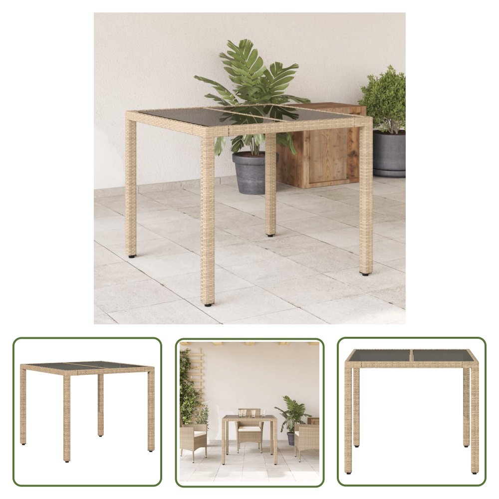 The Living Store Stół ogrodowy ze szklanym blatem - beż - 90x90x75 cm - polirattan - Stół Ogrodowy