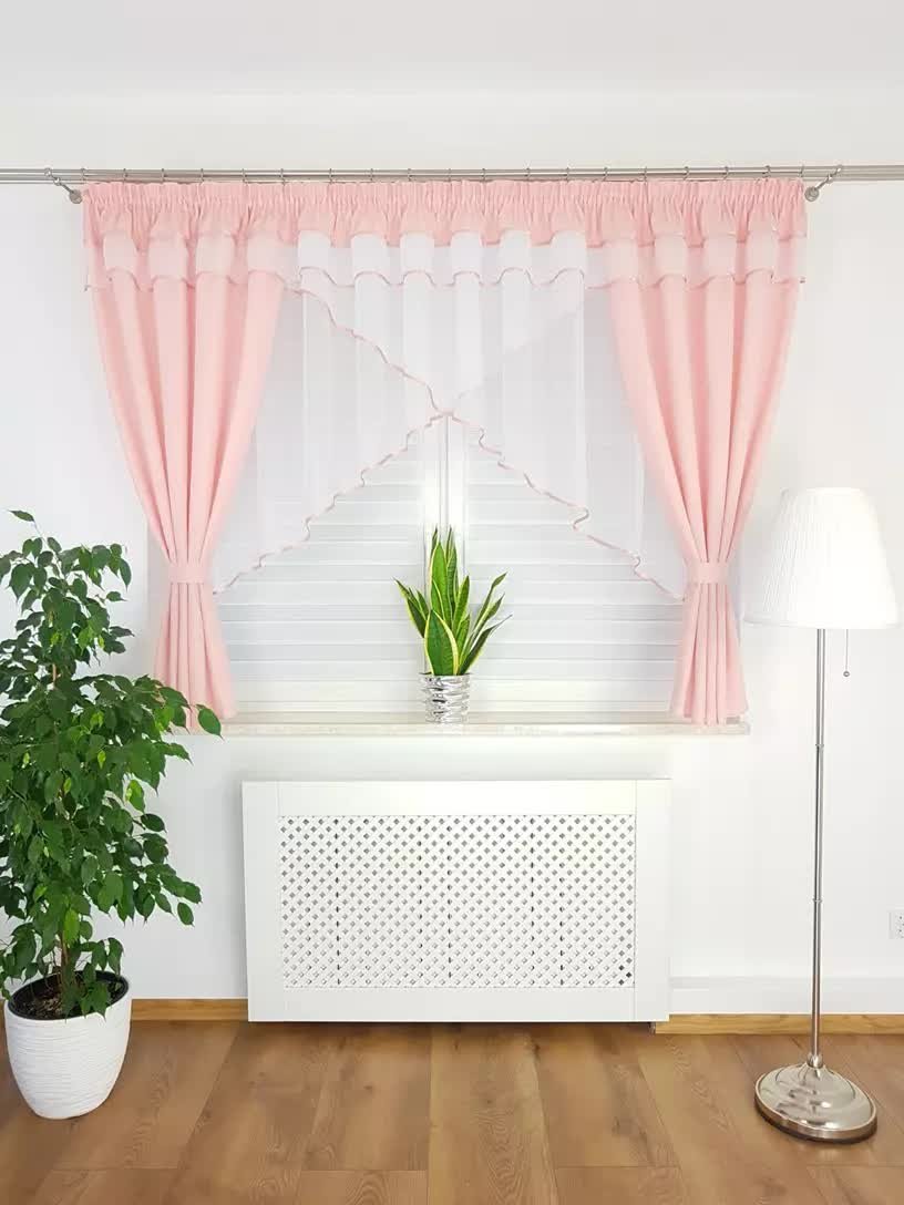 Firana gotowa z zasłonami różowa, nowoczesne firanki do kuchni