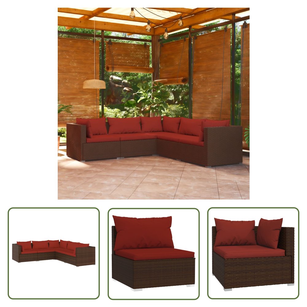 The Living Store 5-cz. zestaw wypoczynkowy do ogrodu - poduszki - polirattan - brąz - Zestaw Mebli Ogrodowych