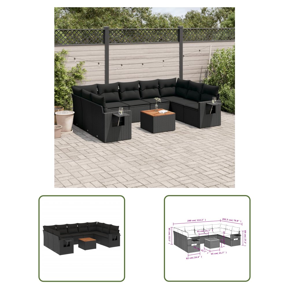 The Living Store 10-cz. zestaw wypoczynkowy do ogrodu - poduszki czarny rattan PE - Sofa Ogrodowa