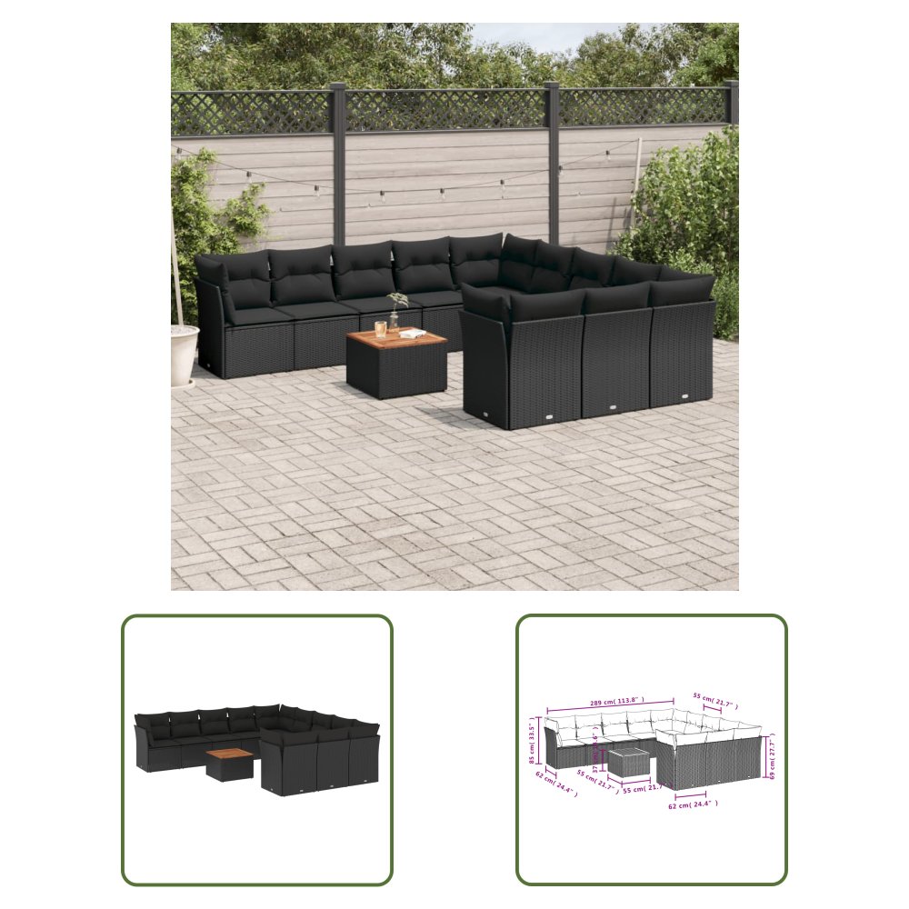 The Living Store 12-cz. zestaw mebli do ogrodu - z poduszkami - czarny - polirattan - Sofa Ogrodowa