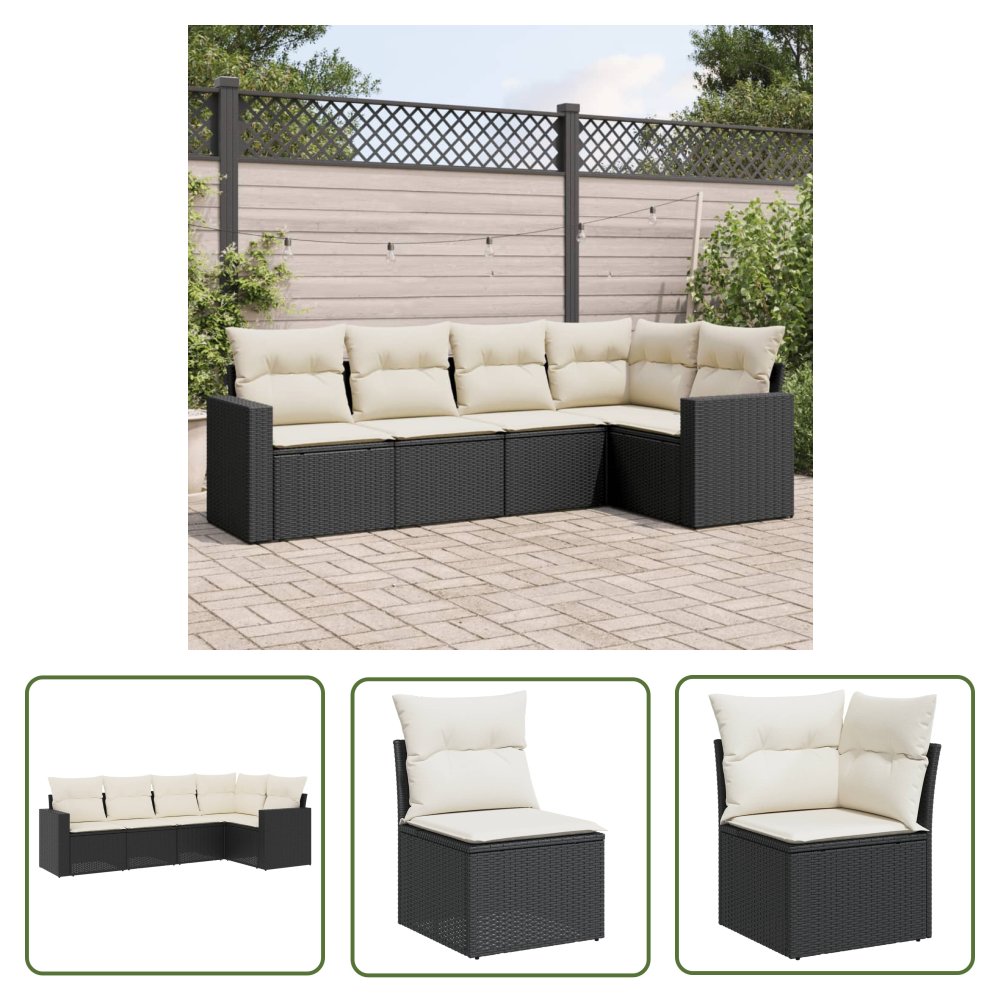 The Living Store 5-cz. zestaw wypoczynkowy do ogrodu - poduszki - czarny rattan PE - Sofa Ogrodowa