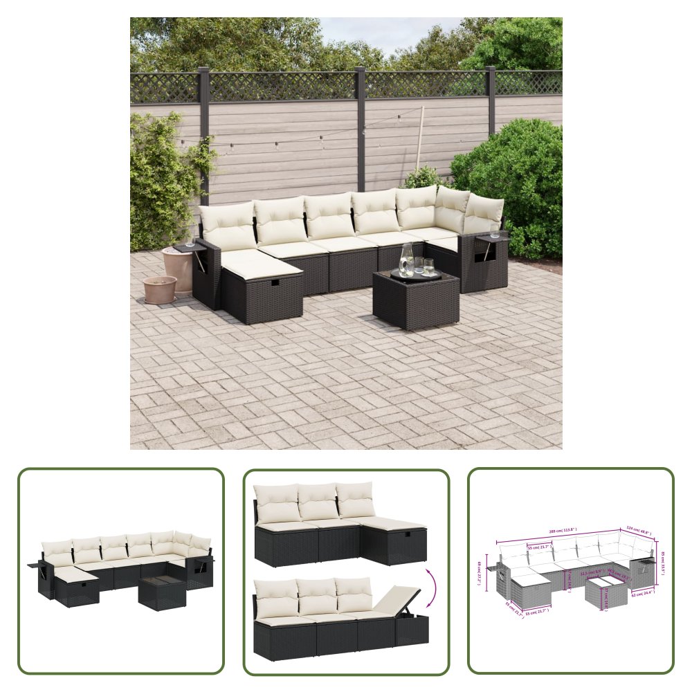 The Living Store 8-cz. zestaw wypoczynkowy do ogrodu - z poduszkami - czarny - Sofa Ogrodowa