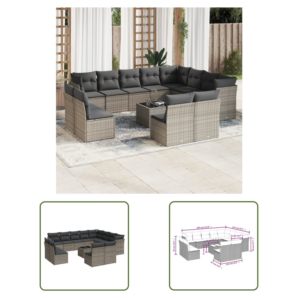 The Living Store 13-cz. zestaw mebli ogrodowych z poduszkami - szary - polirattan - Sofa Ogrodowa