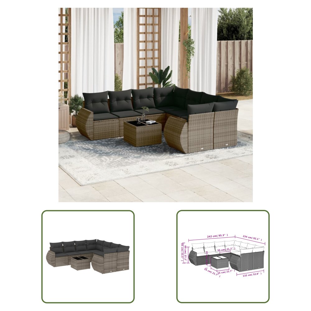 The Living Store 9-cz. zestaw mebli ogrodowych z poduszkami - szary - polirattan - Sofa Ogrodowa