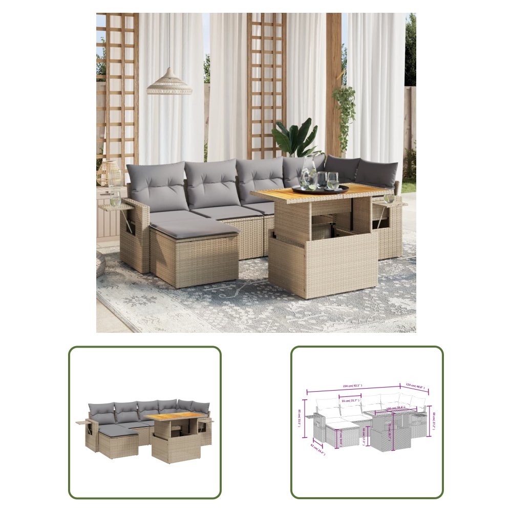 The Living Store 7-cz. zestaw wypoczynkowy do ogrodu - z poduszkami - beżowy - Sofa Ogrodowa