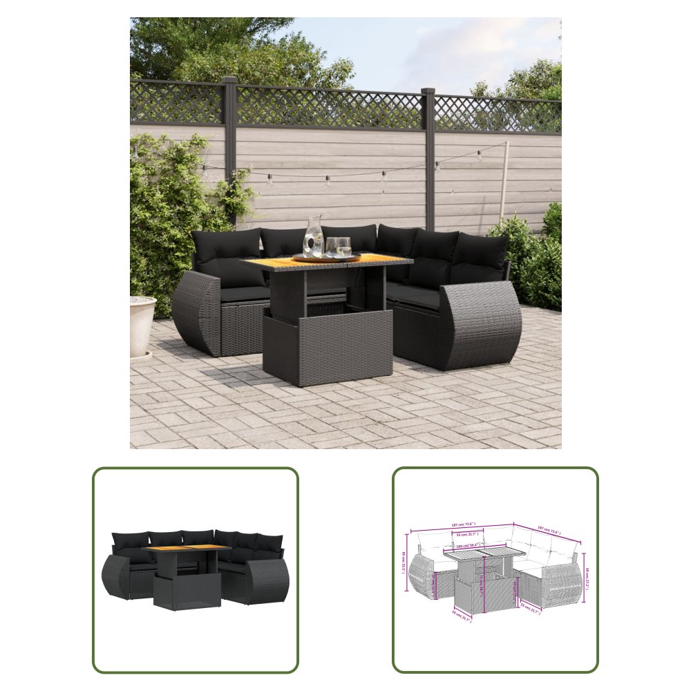 The Living Store 6-cz. zestaw mebli ogrodowych z poduszkami - czarny polirattan - Sofa Ogrodowa