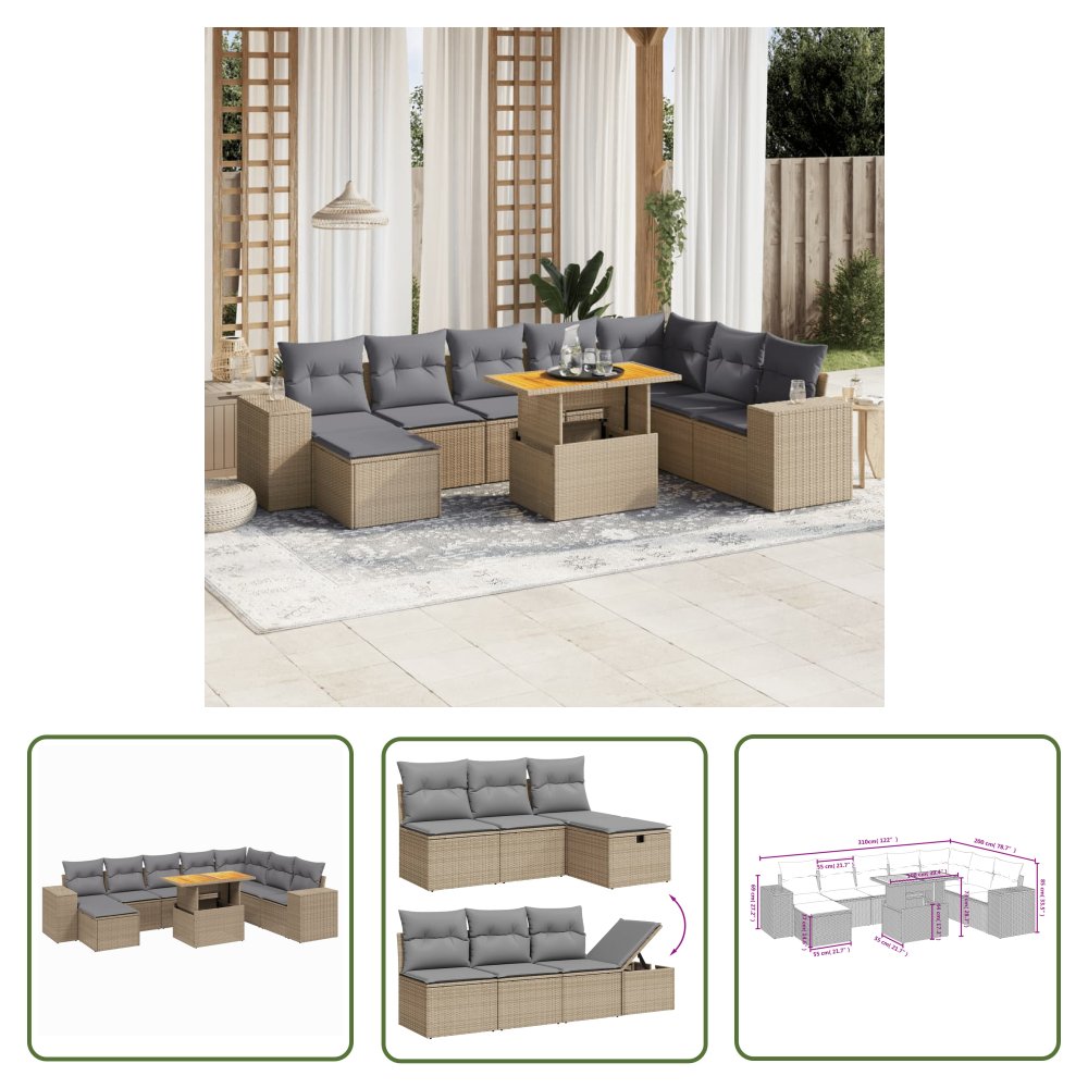 The Living Store 9-cz. zestaw mebli ogrodowych z poduszkami - beżowy - polirattan - Sofa Ogrodowa