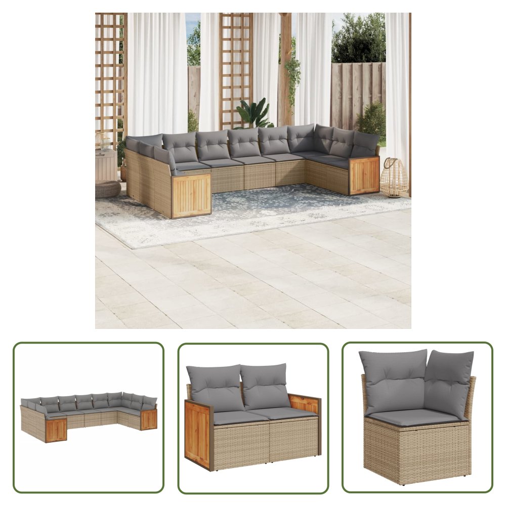 The Living Store 10-cz. zestaw mebli ogrodowych z poduszkami - beżowy - polirattan - Sofa Ogrodowa
