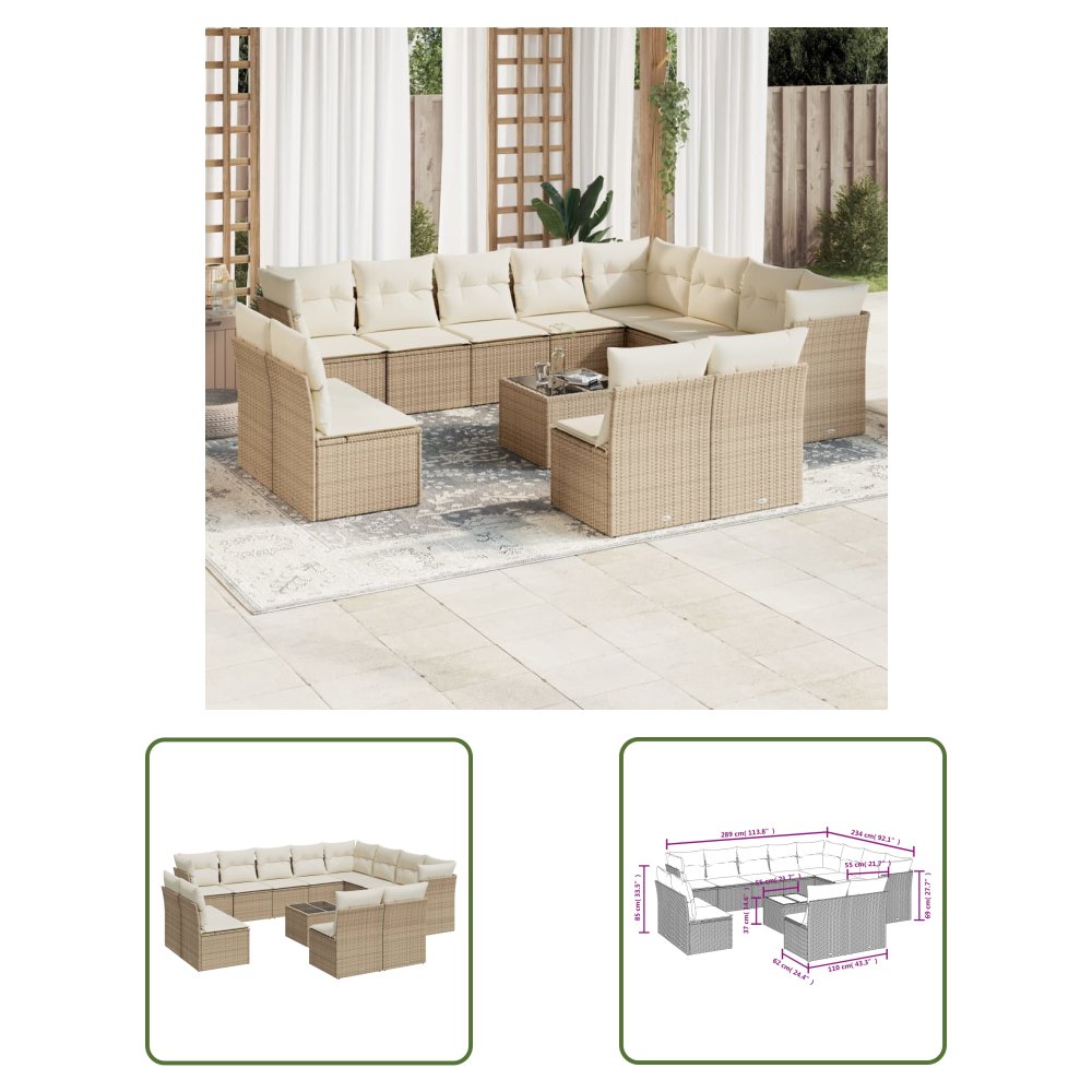 The Living Store 13-cz. zestaw mebli ogrodowych z poduszkami - beżowy - polirattan - Sofa Ogrodowa