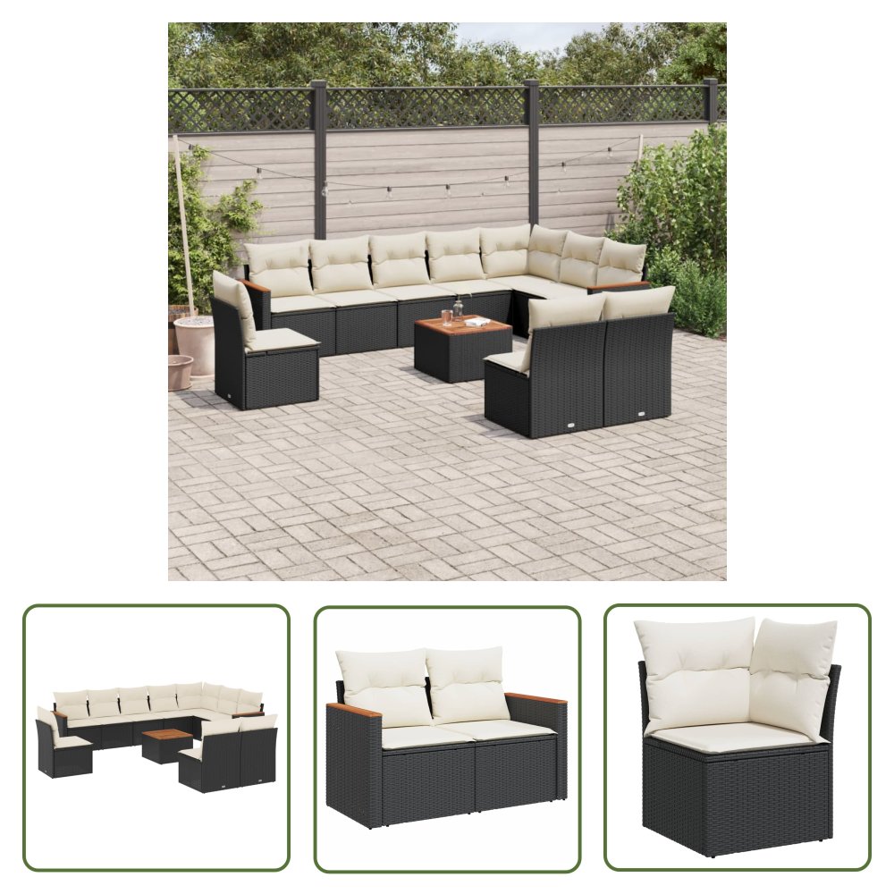The Living Store 11-cz. zestaw wypoczynkowy do ogrodu - poduszki czarny rattan PE - Sofa Ogrodowa