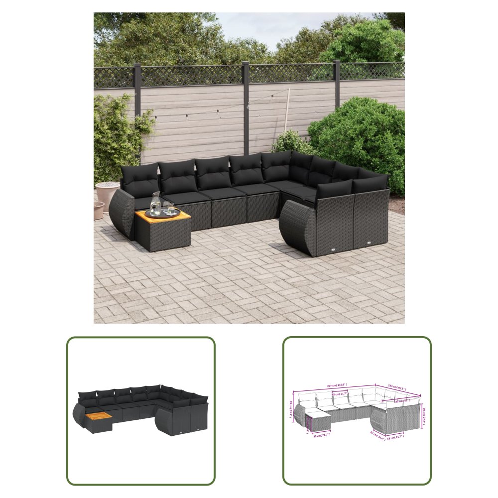 The Living Store 10-cz. zestaw wypoczynkowy do ogrodu - poduszki czarny rattan PE - Sofa Ogrodowa