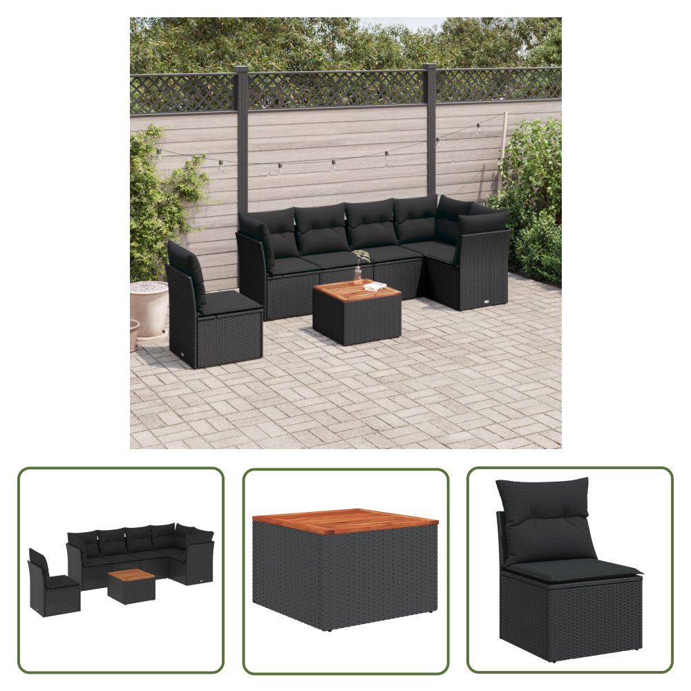 The Living Store 7-cz. zestaw wypoczynkowy do ogrodu - z poduszkami - czarny - Sofa Ogrodowa