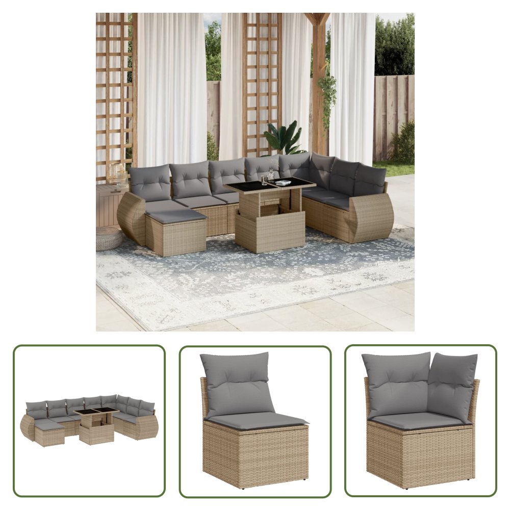 The Living Store 9-cz. zestaw mebli ogrodowych z poduszkami - beżowy - polirattan - Sofa Ogrodowa