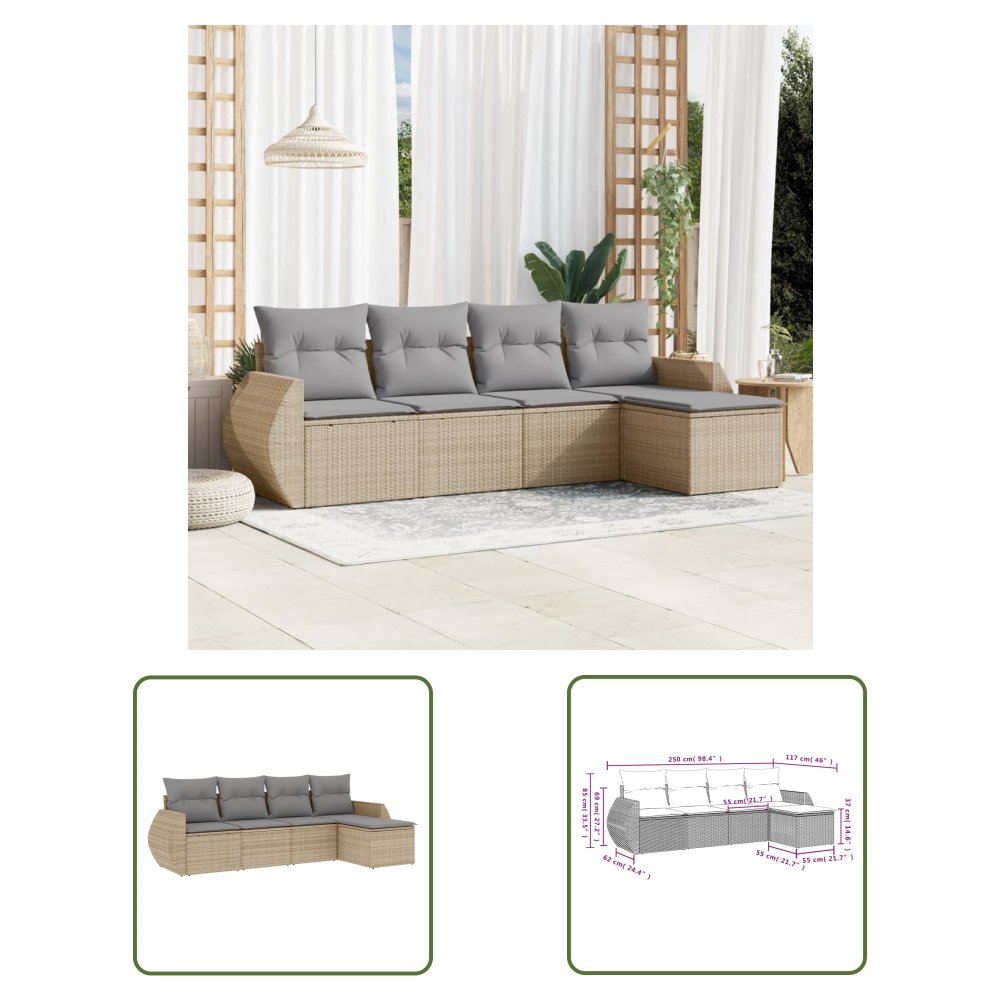 The Living Store 5-cz. zestaw mebli ogrodowych z poduszkami - beżowy - polirattan - Sofa Ogrodowa