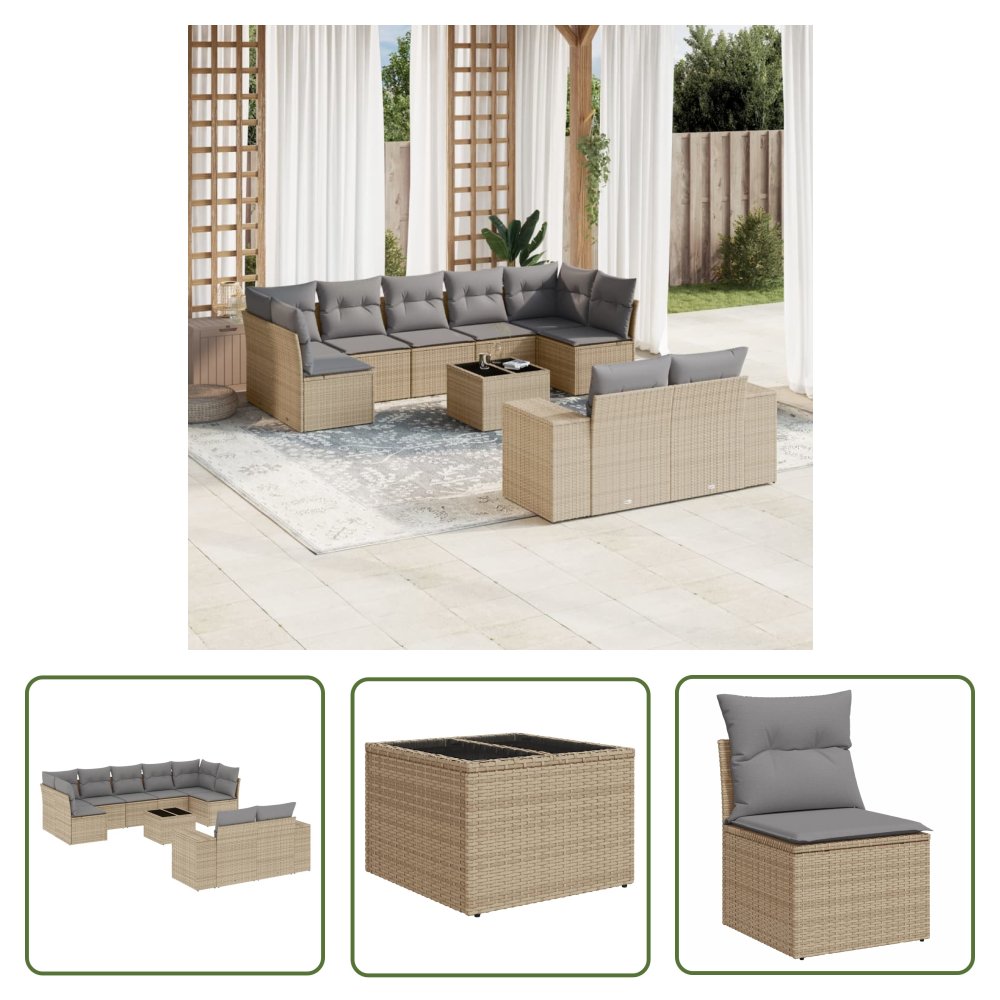The Living Store 10-cz. zestaw mebli ogrodowych z poduszkami - beżowy - polirattan - Sofa Ogrodowa