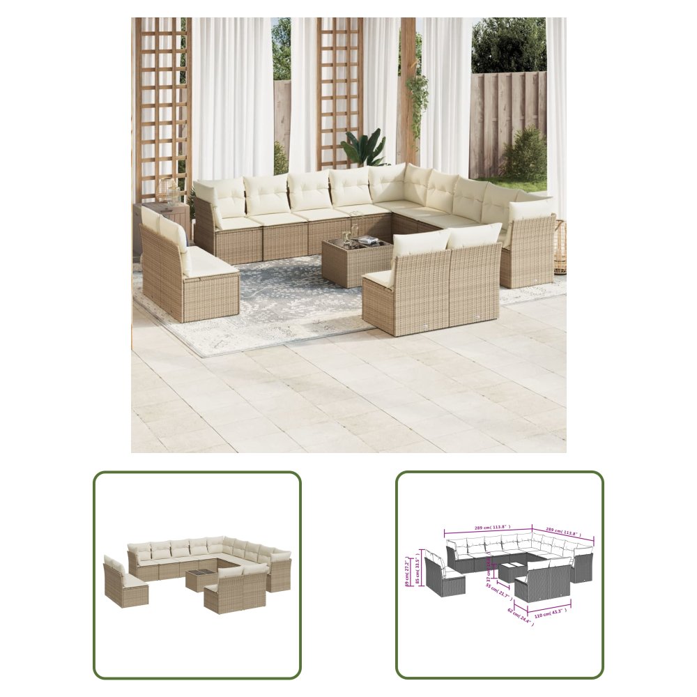 The Living Store 14-cz. zestaw mebli ogrodowych z poduszkami - beżowy - polirattan - Sofa Ogrodowa