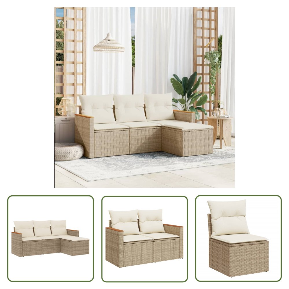 The Living Store 4-cz. zestaw mebli ogrodowych z poduszkami - beżowy - polirattan - Sofa Ogrodowa