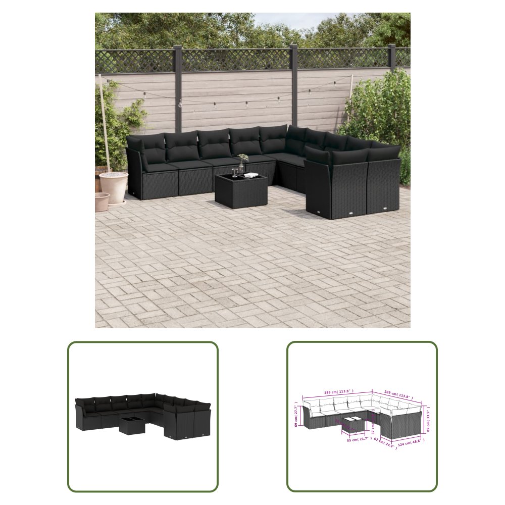 The Living Store 11-cz. zestaw wypoczynkowy do ogrodu - poduszki czarny rattan PE - Sofa Ogrodowa