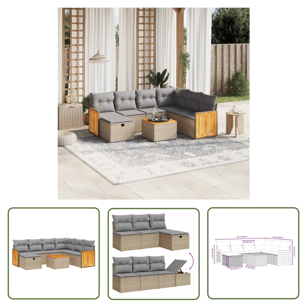 The Living Store 8-cz. zestaw mebli ogrodowych z poduszkami - mieszany beż - Sofa Ogrodowa