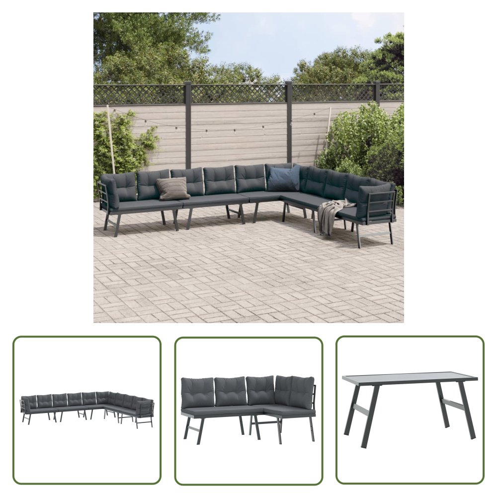 The Living Store Zestaw 4 ławek ogrodowych z poduszkami - malowana proszkowo stal - Ławka Ogrodowa