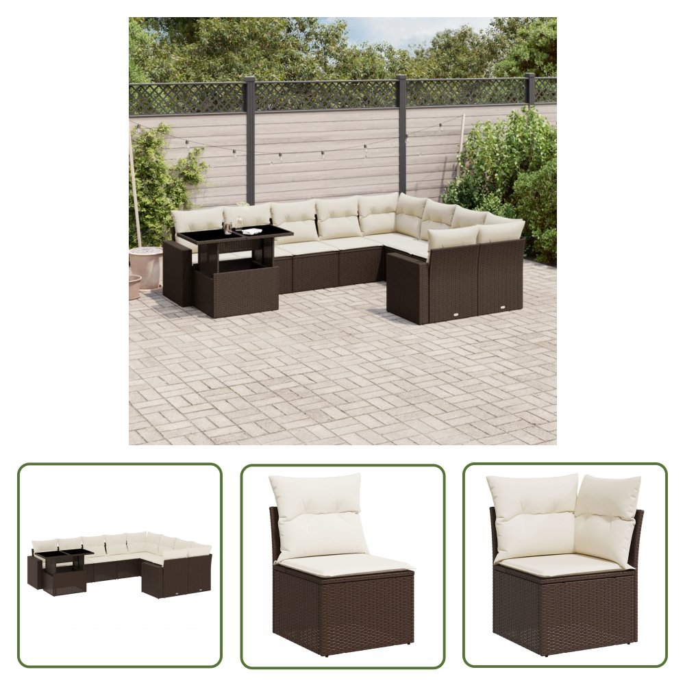 The Living Store 10-cz. zestaw mebli ogrodowych z poduszkami - brązowy polirattan - Sofa Ogrodowa