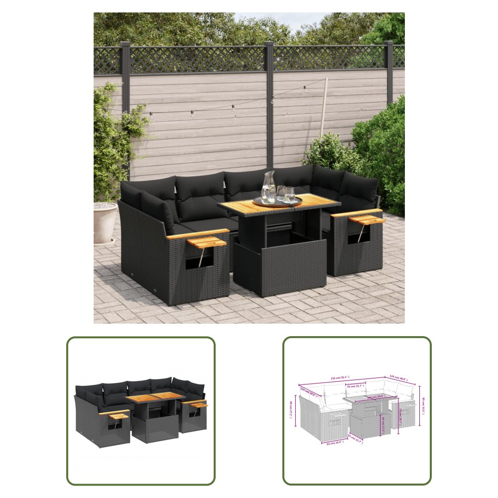 The Living Store 7-cz. zestaw wypoczynkowy do ogrodu - z poduszkami - czarny - Sofa Ogrodowa