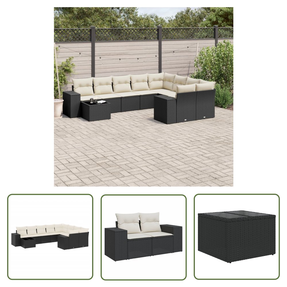 The Living Store 10-cz. zestaw wypoczynkowy do ogrodu - poduszki czarny rattan PE - Sofa Ogrodowa