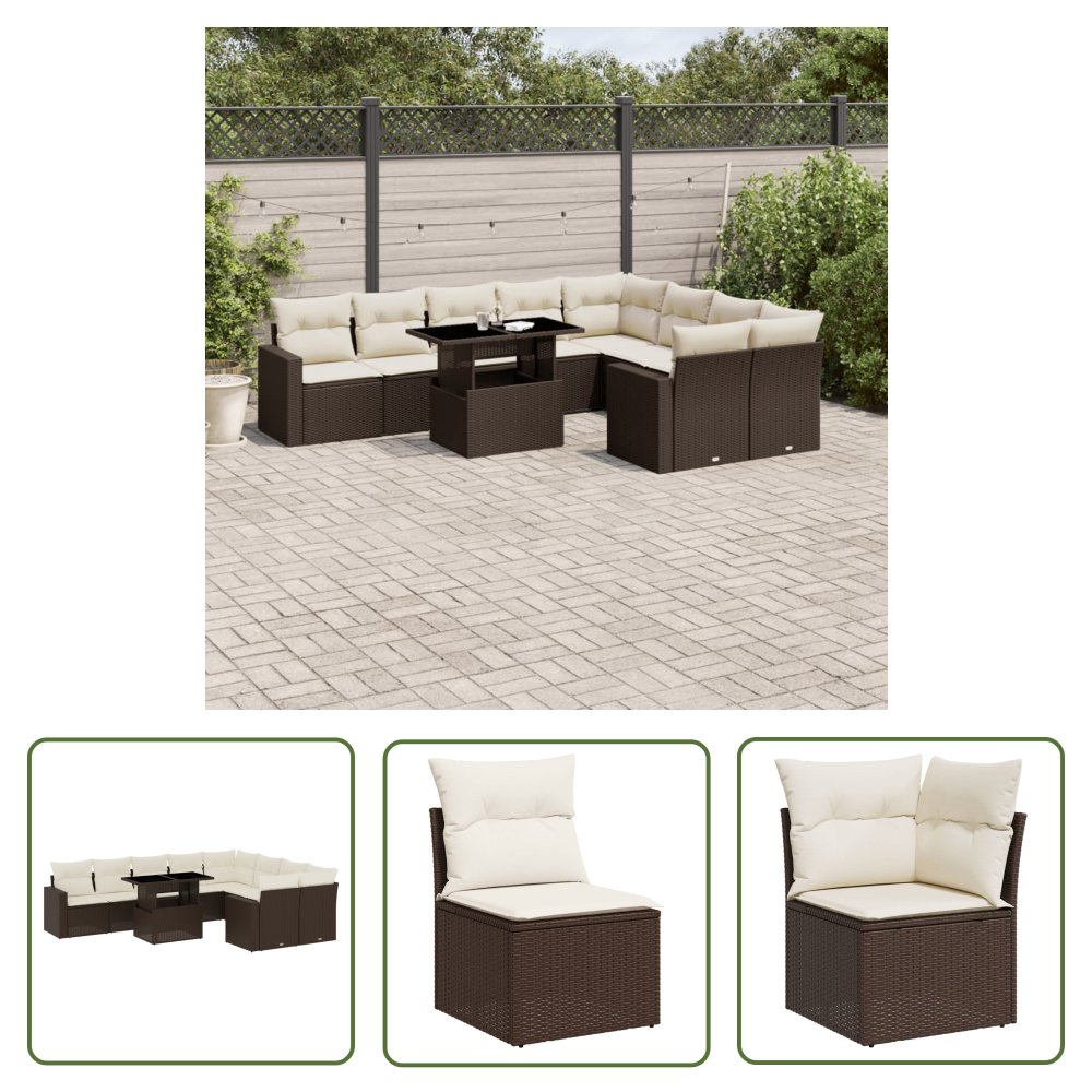 The Living Store 10-cz. zestaw mebli ogrodowych z poduszkami - brązowy polirattan - Sofa Ogrodowa