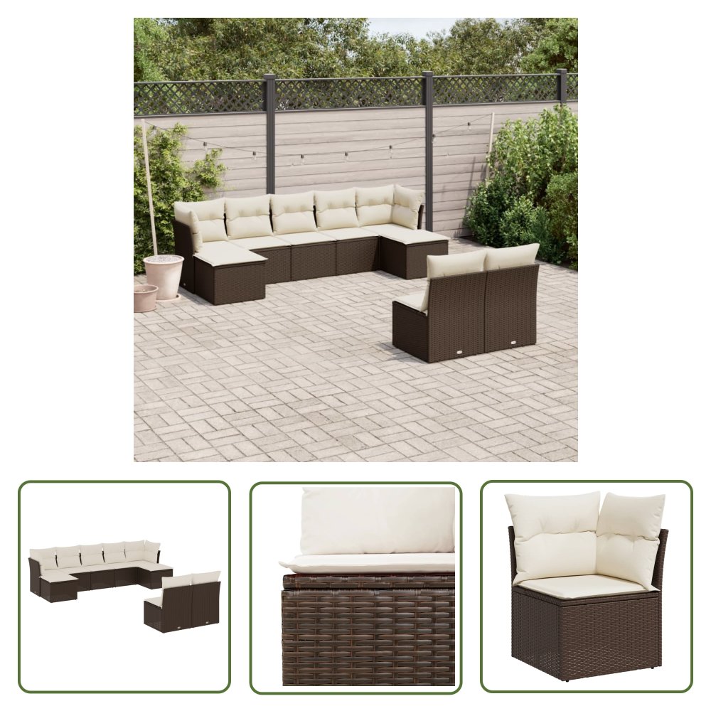 The Living Store 9-cz. zestaw mebli ogrodowych z poduszkami - brązowy - polirattan - Sofa Ogrodowa