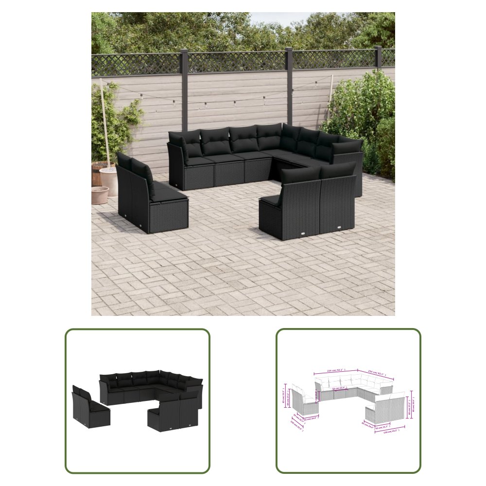 The Living Store 11-cz. zestaw wypoczynkowy do ogrodu - poduszki czarny rattan PE - Sofa Ogrodowa