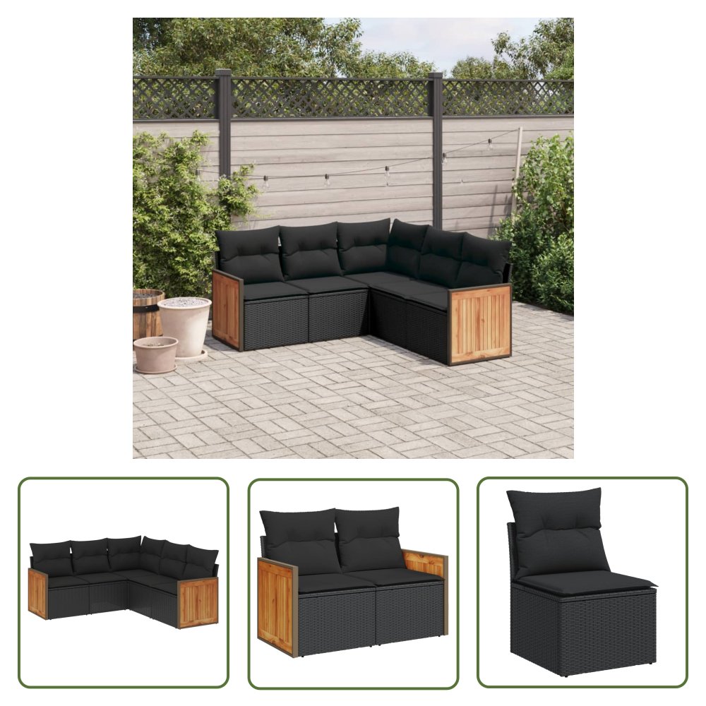 The Living Store 5-cz. zestaw wypoczynkowy do ogrodu - poduszki - czarny rattan PE - Sofa Ogrodowa