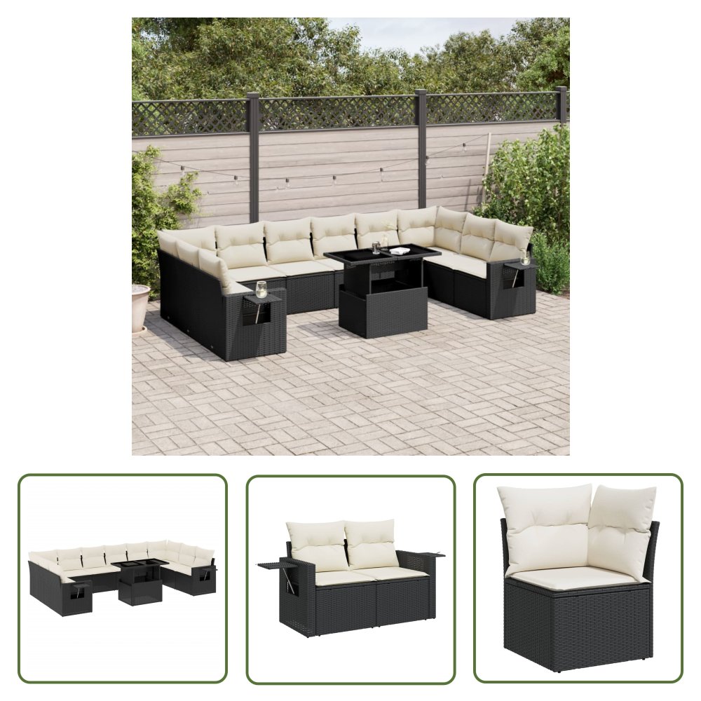 The Living Store 11-cz. zestaw wypoczynkowy do ogrodu - poduszki czarny rattan PE - Sofa Ogrodowa