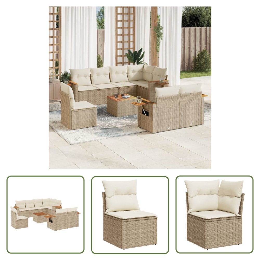 The Living Store 9-cz. zestaw mebli ogrodowych z poduszkami - beżowy - polirattan - Sofa Ogrodowa