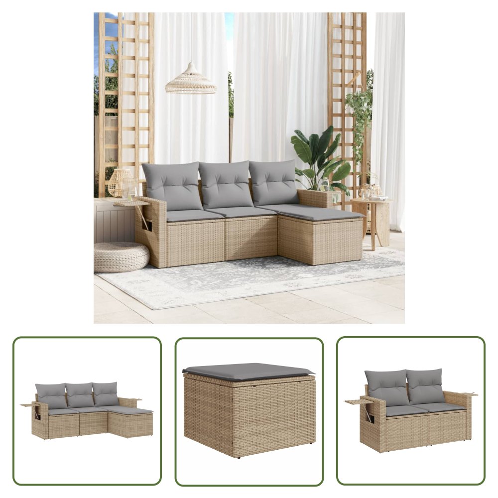 The Living Store 4-cz. zestaw mebli ogrodowych z poduszkami - beżowy - polirattan - Sofa Ogrodowa