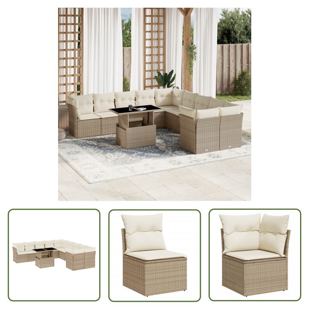 The Living Store 11-cz. zestaw mebli ogrodowych z poduszkami - beżowy - polirattan - Sofa Ogrodowa