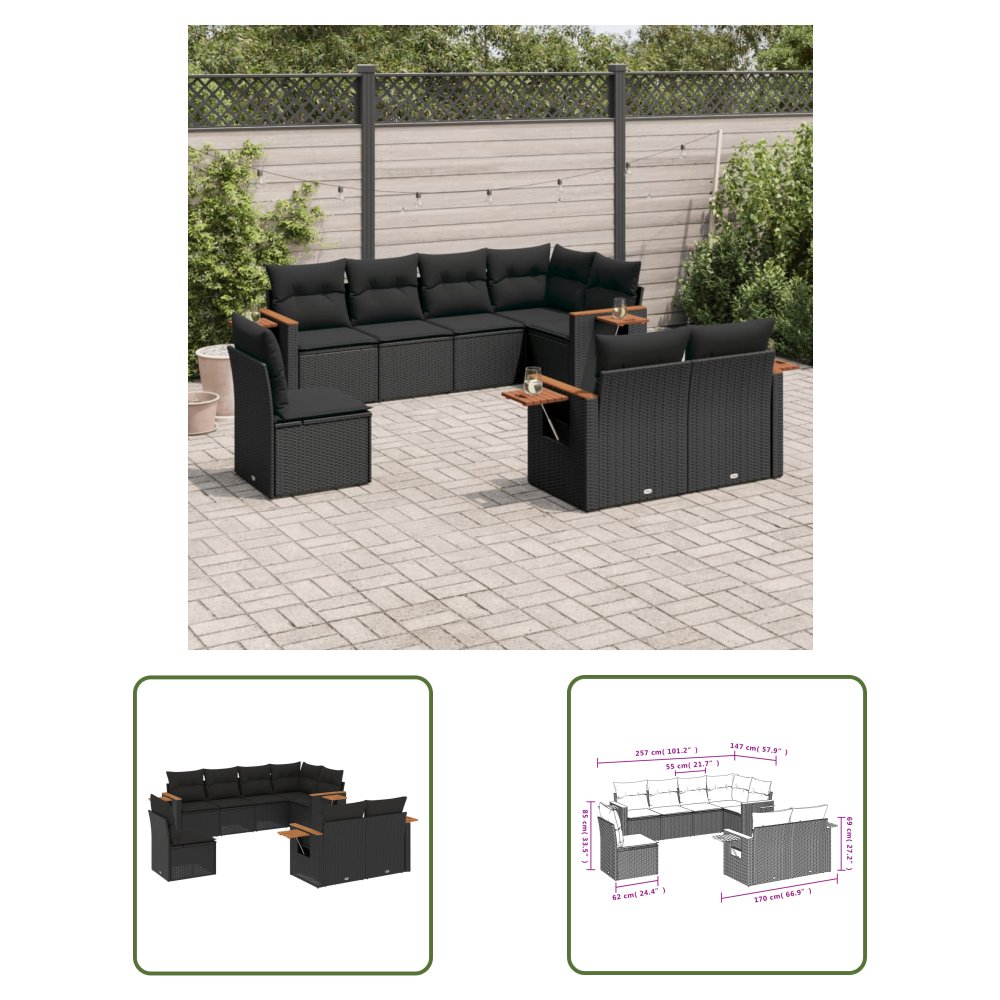 The Living Store 8-cz. zestaw wypoczynkowy do ogrodu - z poduszkami - czarny - Sofa Ogrodowa