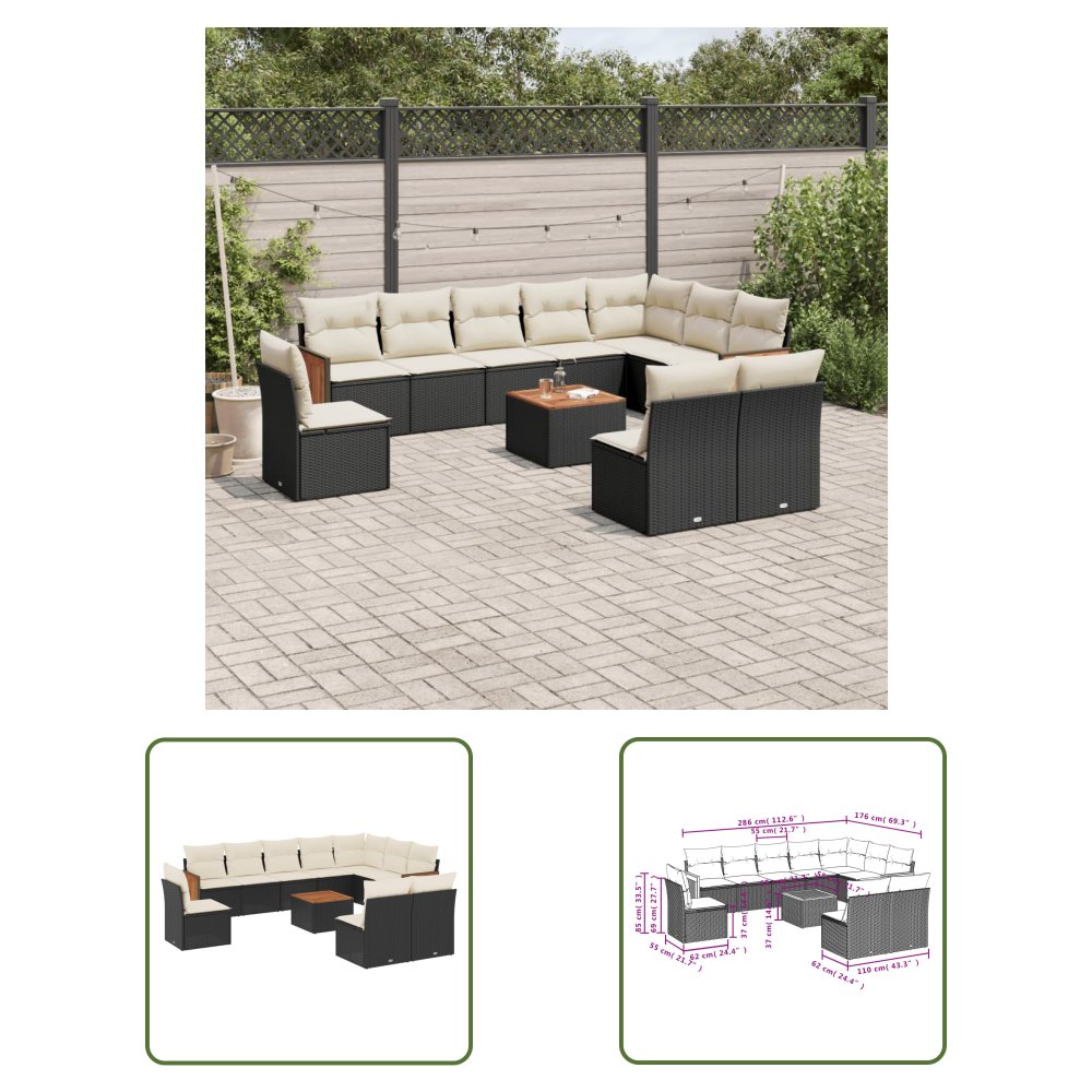 The Living Store 11-cz. zestaw wypoczynkowy do ogrodu - poduszki czarny rattan PE - Sofa Ogrodowa