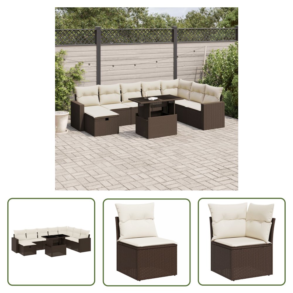 The Living Store 9-cz. zestaw mebli ogrodowych z poduszkami - brązowy - polirattan - Sofa Ogrodowa